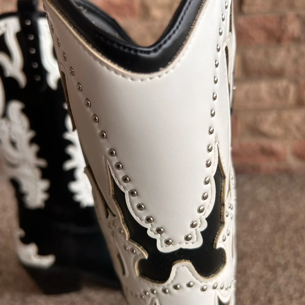 Cowgirl Boots Embroidered Pointed Toe Mid Calf Boots with Chunky Block Heel - Picture 6 of 16
